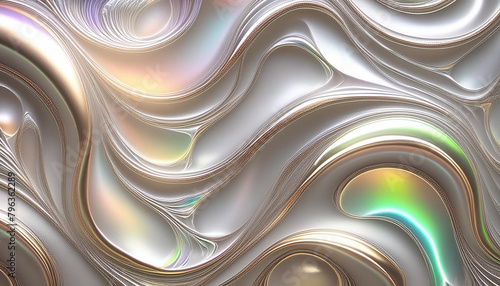 Platinum and silver background with iridescent highlights. Bright texture. Sinuous, three-dimensional and wavy design, elegant cover.