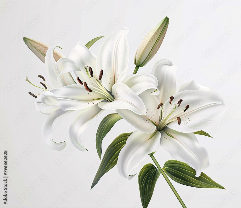a white lily with green leaves