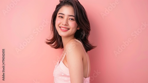 full length beauty photo of young Asian woman smile on pink background 
