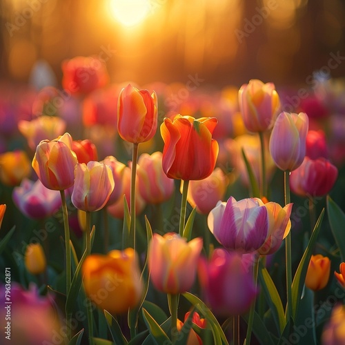 Spring garden at sunrise  golden light illuminating rows of colorful tulips   close up