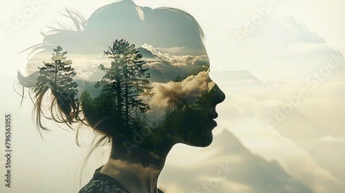Double exposure portrait of woman blended with nature, forest trees form face, creative art of beauty and tranquility