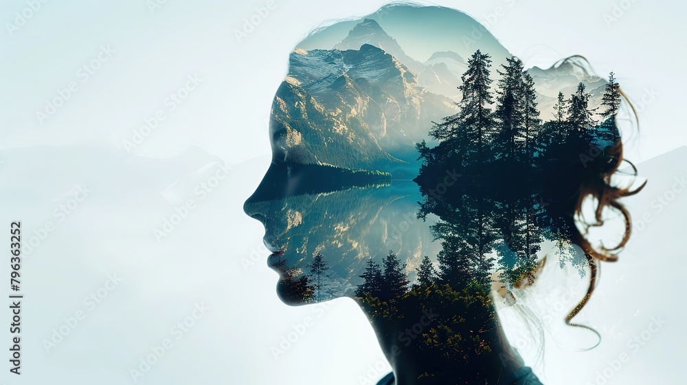 Double exposure portrait of woman blended with nature, forest trees form face, creative art of beauty and tranquility