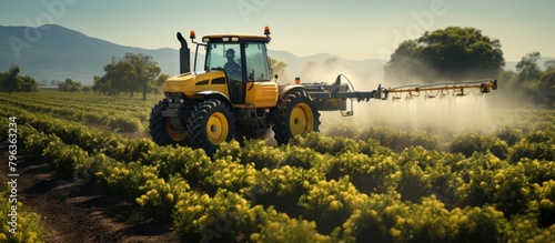 Tractor spraying pesticides on vineyards in Tuscany, Italy