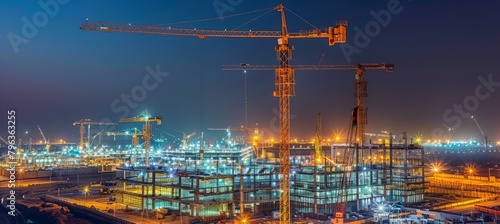 Port building area construction development and tower crane at night. Generative AI technology. 