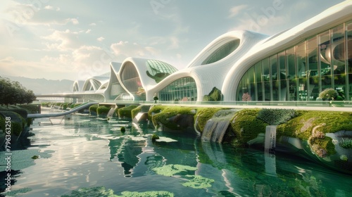 A futuristiclooking factory built on the banks of a pristine glistening river with an extensive drainage network. Pipes carry the brilliant green algae from the nearby sea into the . photo