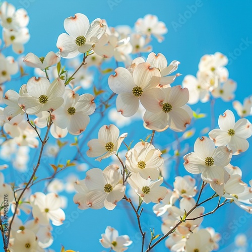 Flowering dogwood trees against a bright spring sky, floral spectacle , close up