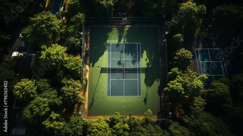 a tennis court surrounded by trees