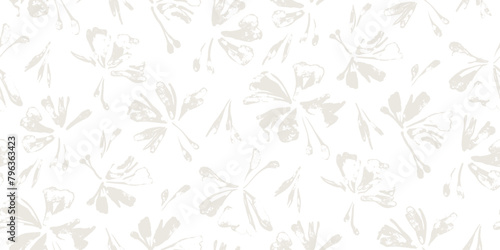 Elegant abstract floral seamless pattern - flowers. Repeating print with delicate petals and leaves. Simple minimalism. Solid beige color.