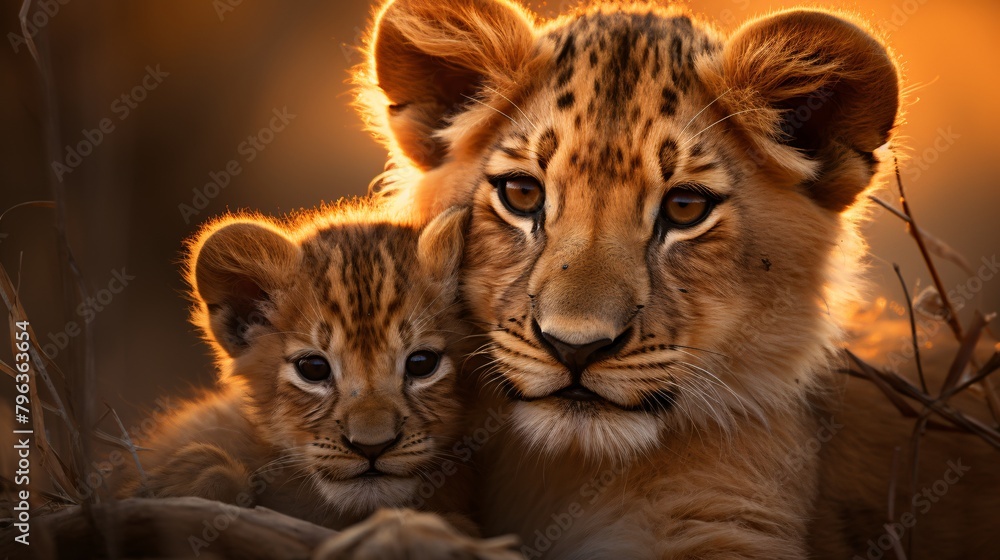 a lion and cub looking at the camera