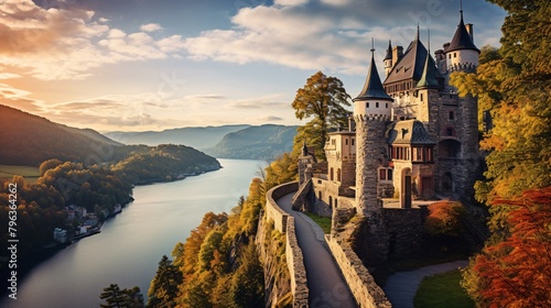 a castle on a cliff overlooking a river photo