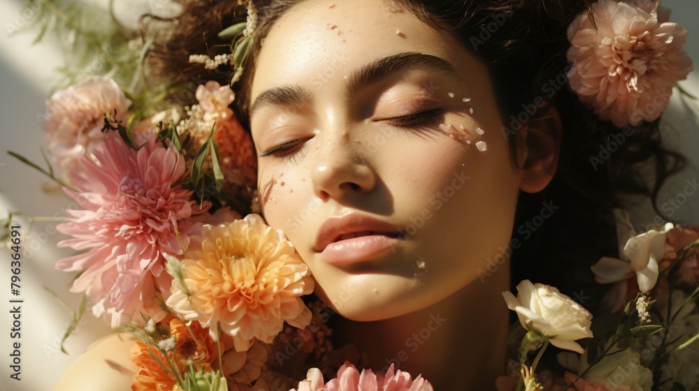 a woman lying down with flowers