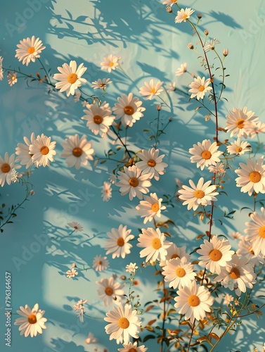 Many small daisies, the background is a light blue wall, there are some shadows of daisies on the wall, sunny, ultra high definition, rich details, camera shot 