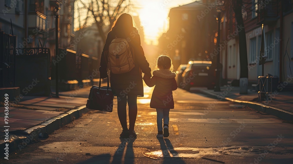 mother and daughter go to school together, real photo, morning light, street, walking 