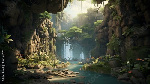 Lush jungle ravine with verdant cliffs and tranquil river ai generated illustration