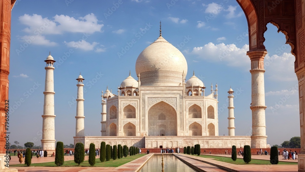 The image shows the Taj Mahal, a white marble mausoleum located in Agra, India.
