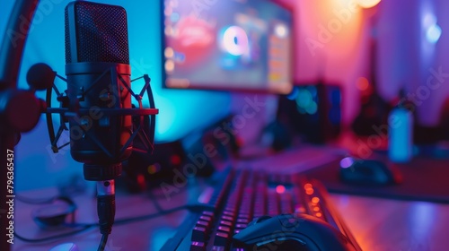Modern Streaming Setup with Microphone in a Vibrant Gaming Room. Generative ai photo