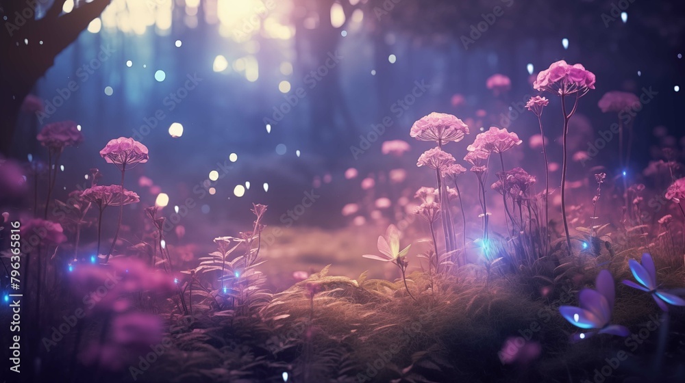 Obraz premium Magical forest wildflowers with soft purple haze ai generated illustration
