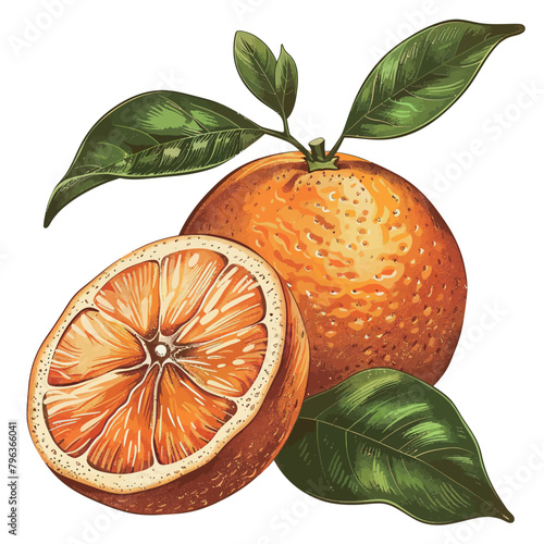 Sketch of ripe orange fruit with leaves. Vector illustration.