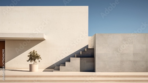 a white building with stairs and a potted plant