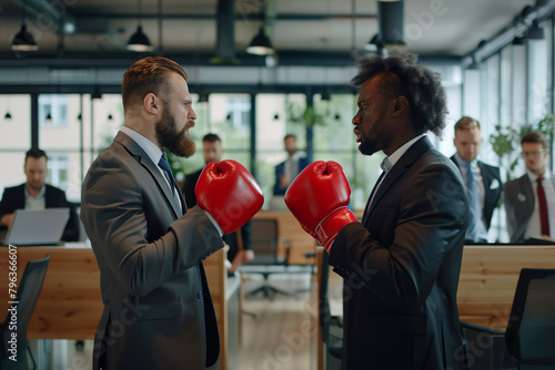 Office managers of Caucasian and African nationality conflicting in boxing gloves. A fight between different ethnicity businessmen. Generative AI © Pavel Iarunichev