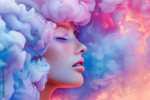 Beautiful young woman with a bright cloudy pastel hairstyle and closed eyes. Dream concept. Generative AI © Pavel Iarunichev