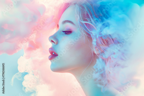 Beauty portrait of a glamorous attractive girl in multicolored smoke or fog in pastel colors. Fantasy art concept. Generative AI