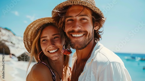 portrait, couple, happy, summer, beach, tropical