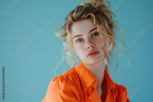 Sad attractive blonde girl with curly hair in an orange shirt on a blue studio color background close up. Generative AI