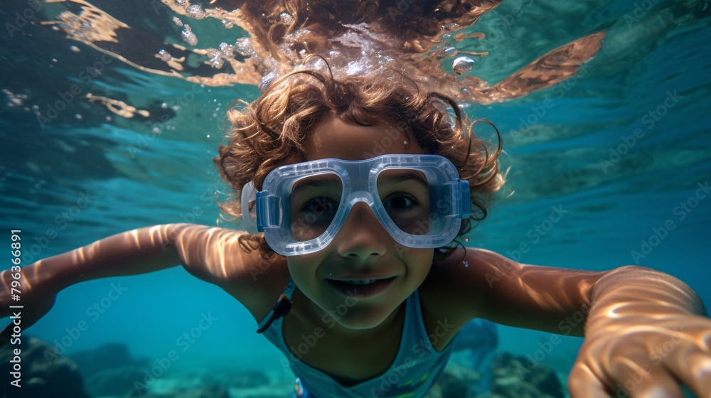 Naklejka premium a girl wearing goggles underwater
