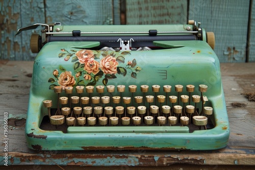 A vintage green typewriter adorned with faded floral decals, a nostalgic relic from a time when each keystroke felt like composing poetry.