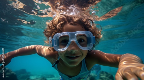 a girl wearing goggles underwater