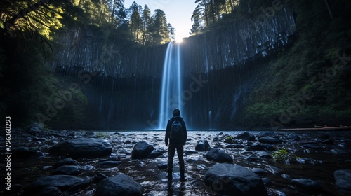 Fototapeta Naklejka Na Ścianę i Meble -  a person standing in front of a waterfall