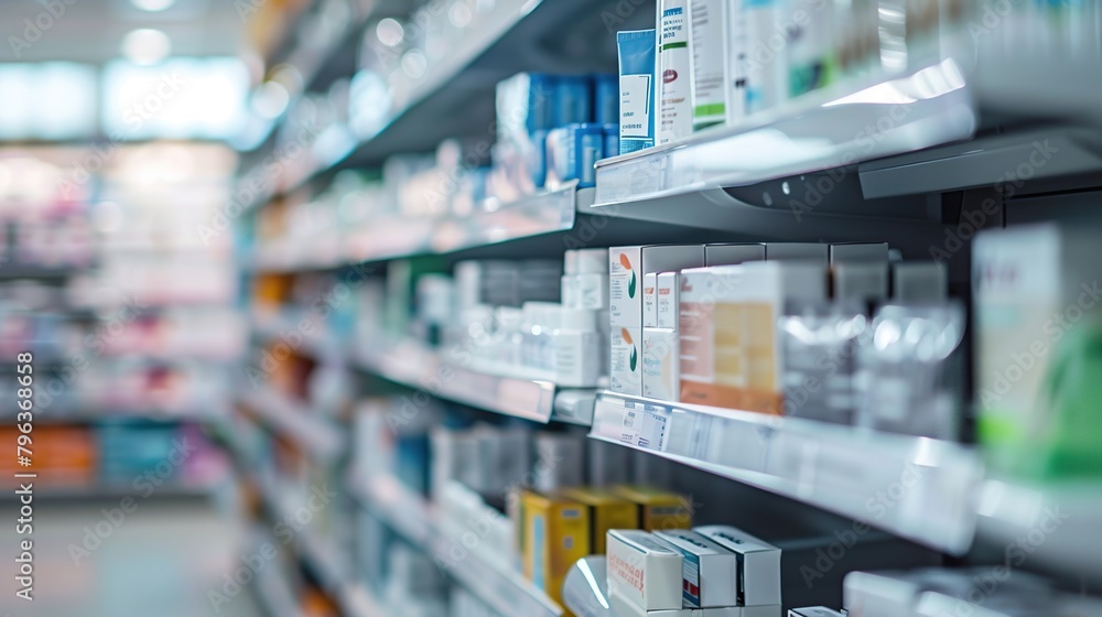 Blurred shelves with various medical products in pharmacy, in close-up image.
