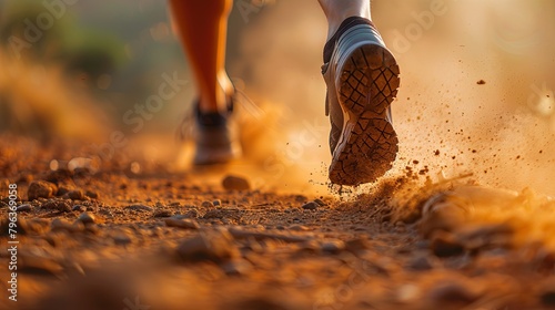 Trail runner sport shoes swiftly Running on a dusty Trail, showing determination and speed 