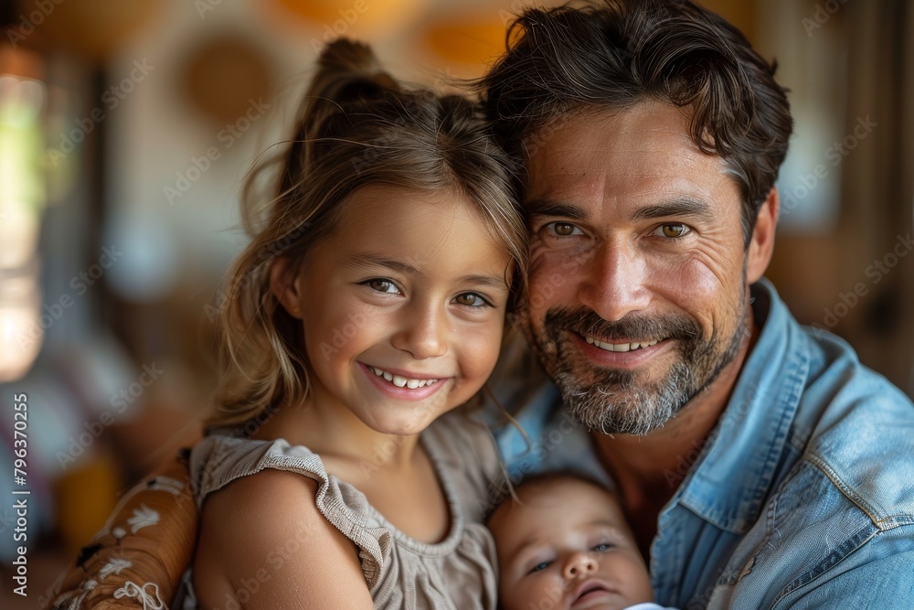 A loving father poses with his daughters, one holding a baby, in a room bathed in warm sunlight A loving father poses with his daughters, one holding a baby, in a room bathed in warm sunlight