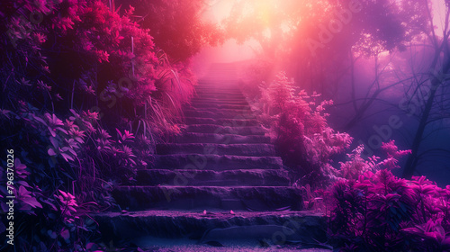 A staircase in a forest with pink flowers and trees