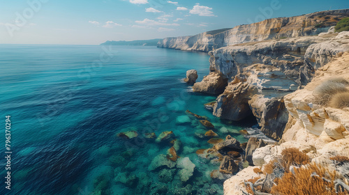 A beautiful ocean view with a rocky shoreline