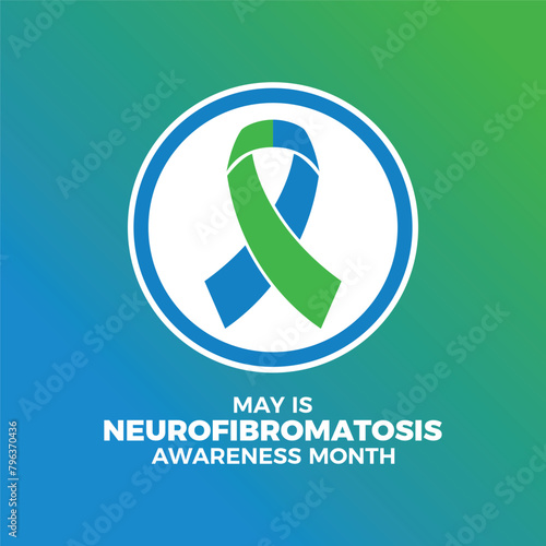 May is Neurofibromatosis Awareness Month poster vector illustration. Blue and green awareness ribbon icon in a circle. Template for background, banner, card. Important day photo