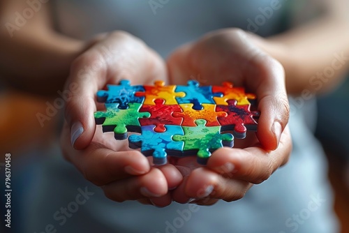Vibrantly colored jigsaw puzzle pieces cradled in hands, representing diversity and complexity photo
