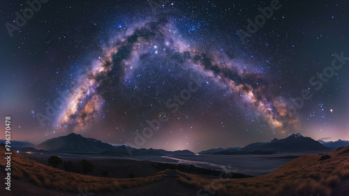 A panoramic shot of the Milky Way galaxy stretching across the night sky, captured with a DSLR camera on a clear night. Ai generated