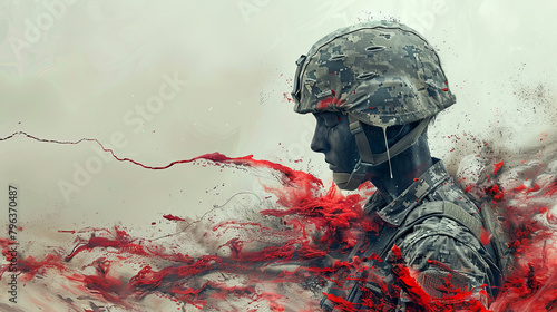 A soldier with Post-Traumatic Stress Disorder (PTSD), creative illustration. Mental disorder concept. photo