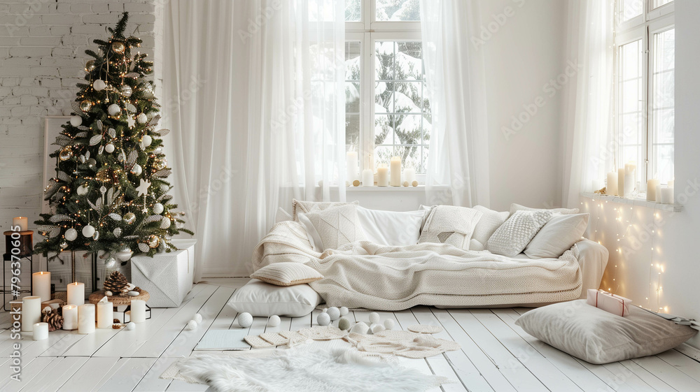 A Stylish Christmas Scandinavian minimalistic interior with white decor. Ai generated