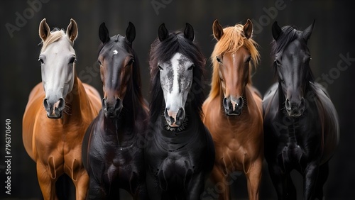 Five Stunning Horses Displaying Different Breeds Against a Dramatic Background. Concept Horse Breeds, Equestrian Beauty, Stunning Background, Equine Photography, Dramatic Horse Portraits