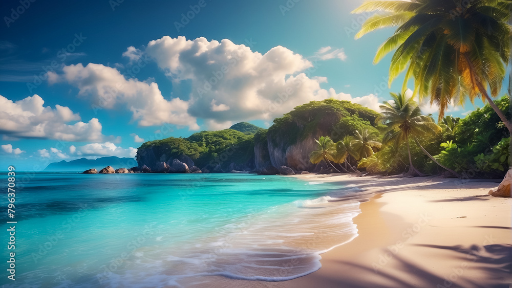 Fototapeta premium Tropical sea with fishes, blue sky, clean water. 3D Illustration 