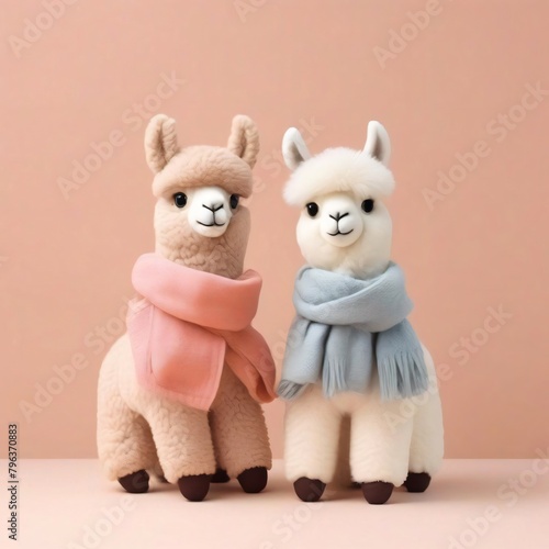 Adorable two alpaca stuffed toy wear winter cloth is standing isolated on pastel background © MR.DEEN