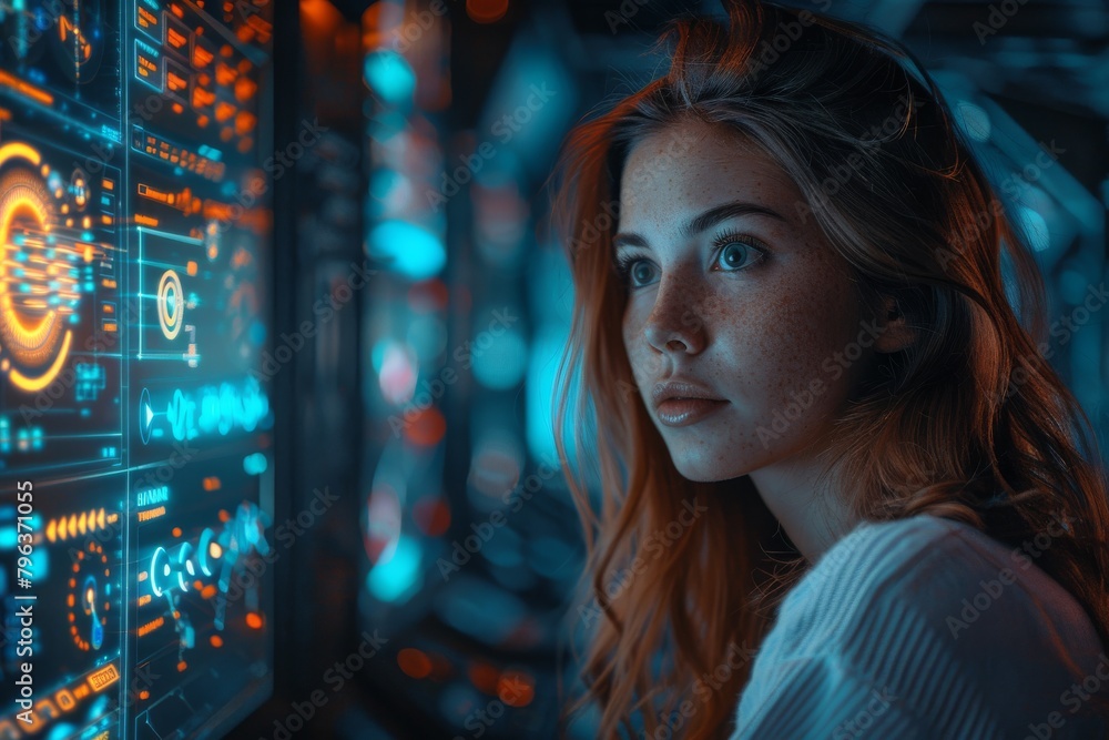 Engrossed young woman with freckles fascinated by futuristic technology interfaces and displays Engrossed young woman with freckles fascinated by futuristic technology interfaces and displays
