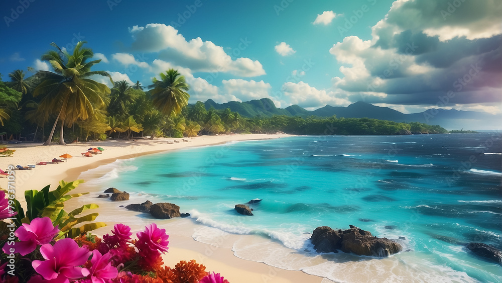 Tropical sea with fishes, blue sky, clean water. 3D Illustration
