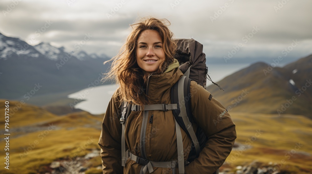 a woman with a backpack on a mountain