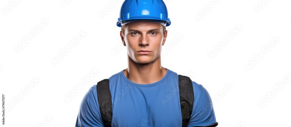 Fototapeta premium Man in hard hat holding phone