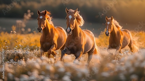 Running wild and free: Horses roam blooming meadows and sunlit hills. Concept Horses, Blooming Meadows, Sunlit Hills, Running Wild, Free